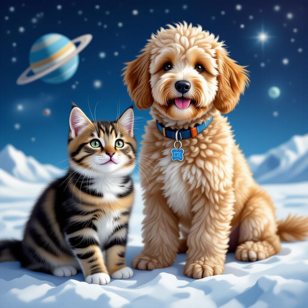 Realistic Cats and Golden Doodle in Outer Space