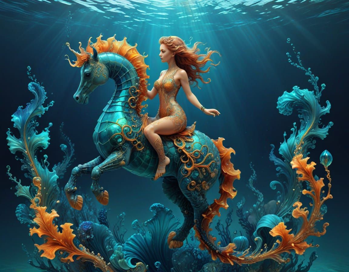 Underwater Fantasy: Woman on Seahorse in Goldenpunk Style