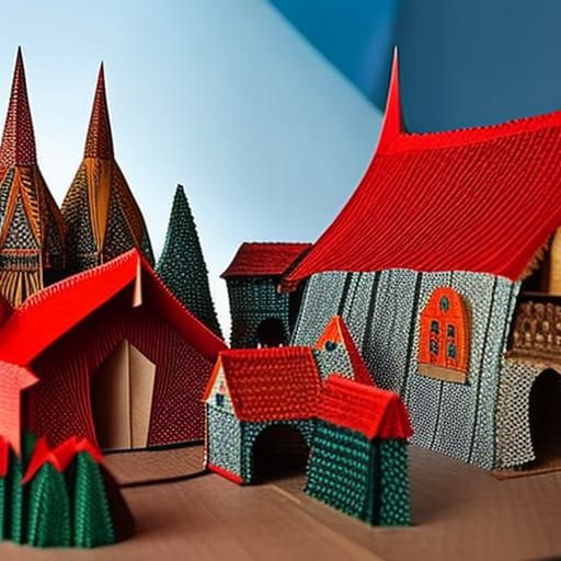 Elaborate Medieval Paper Village in 3D Origami Style