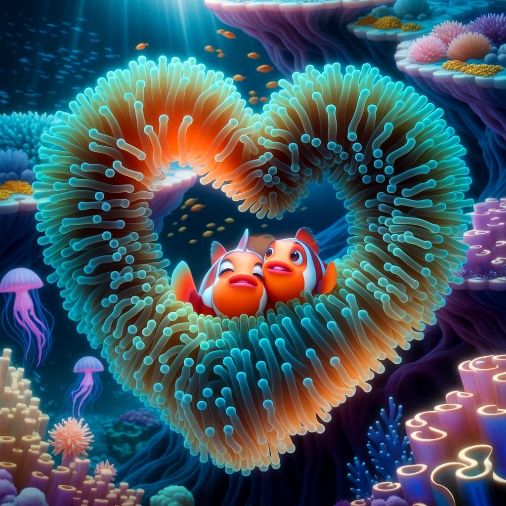 Heart Anemone Cradles Clownfish in Bioluminescent Reefscape