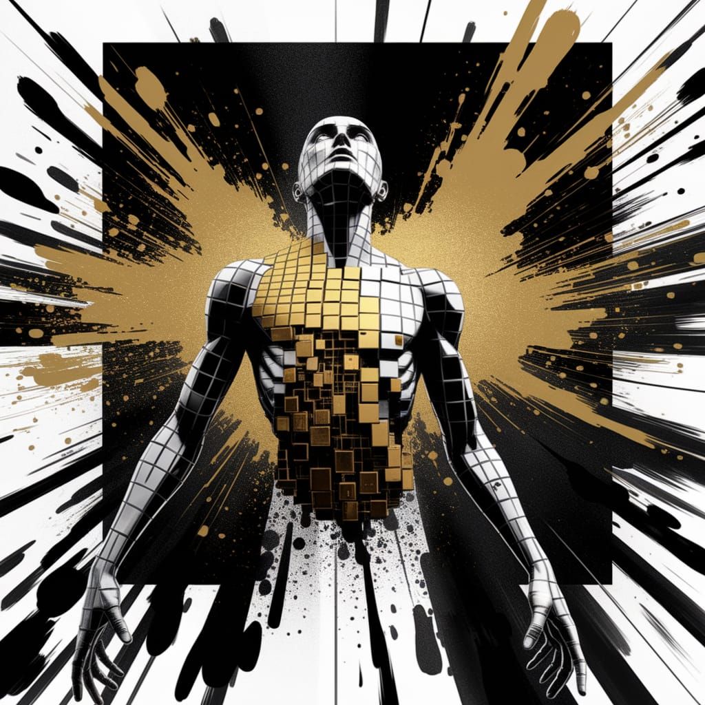 Gold Squares Tiled Humanoid, Ink Drawing Posterized, Chaotic...