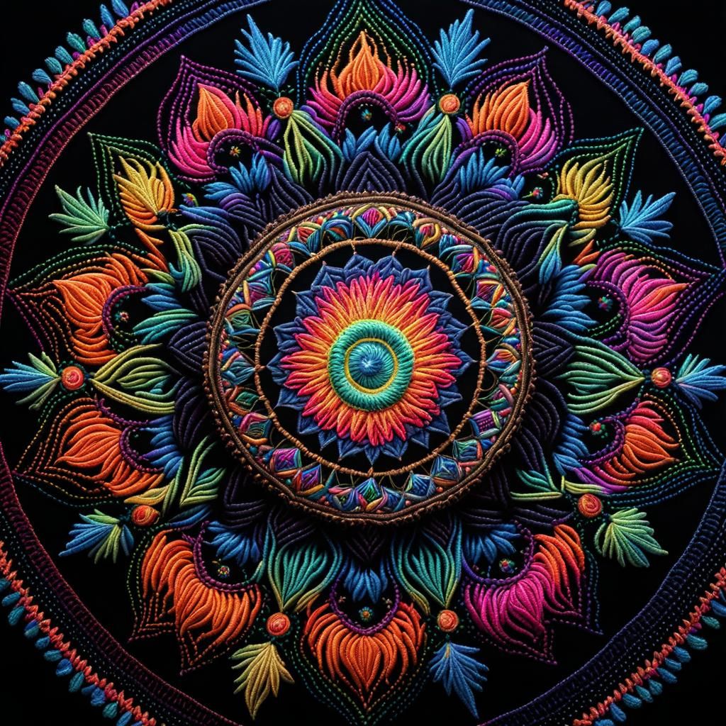 Neon Rainbow Mandala Embroidery on Black Fabric