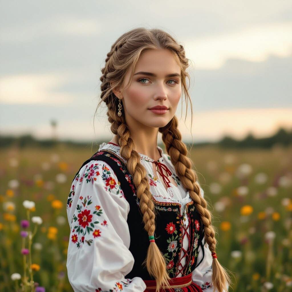 Romantic Norwegian Woman in Wildflower Field