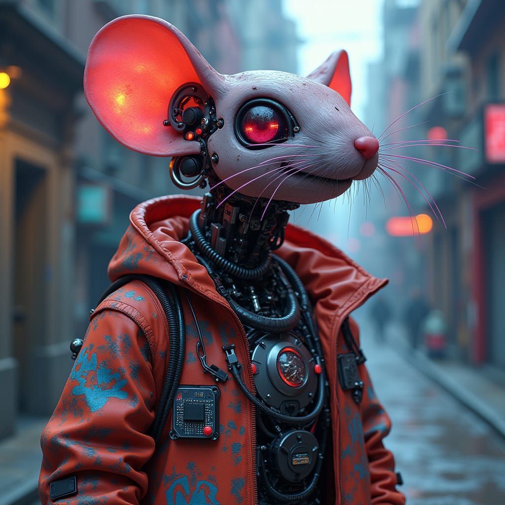 Cyberpunk Mouse Cyborg in a Gritty Futuristic Landscape