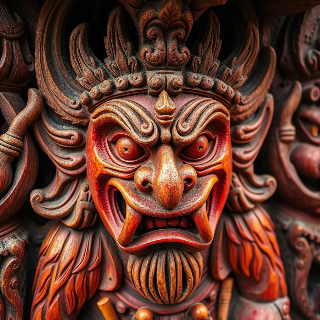 Detailed Wooden Totem Carving in Vibrant Color
