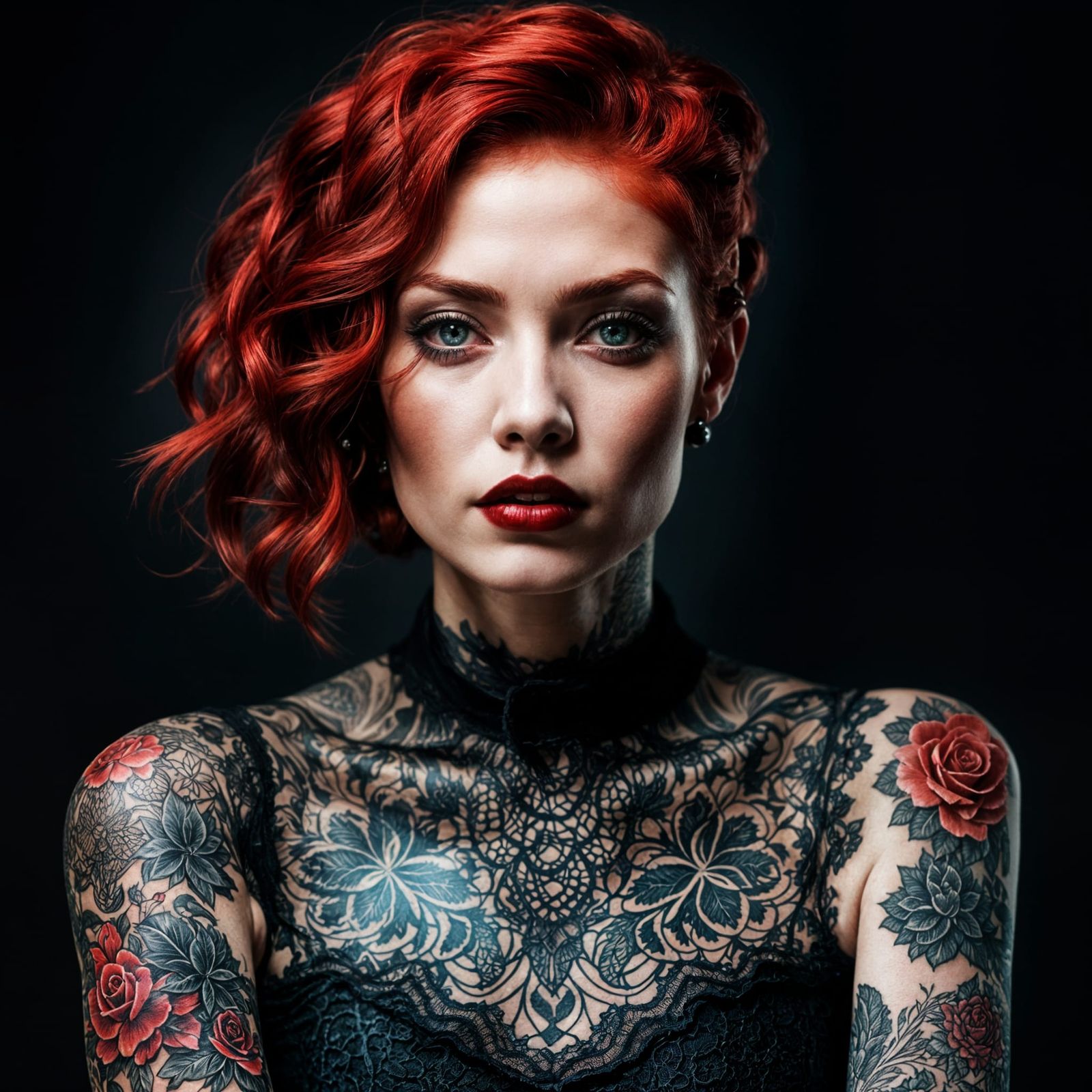 Vintage Tattooed Woman in Black Lace