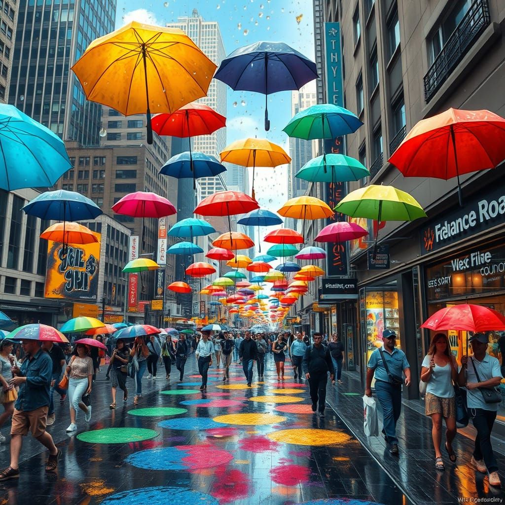 Vibrant City Street Scene with Colorful Umbrellas and Raindr...