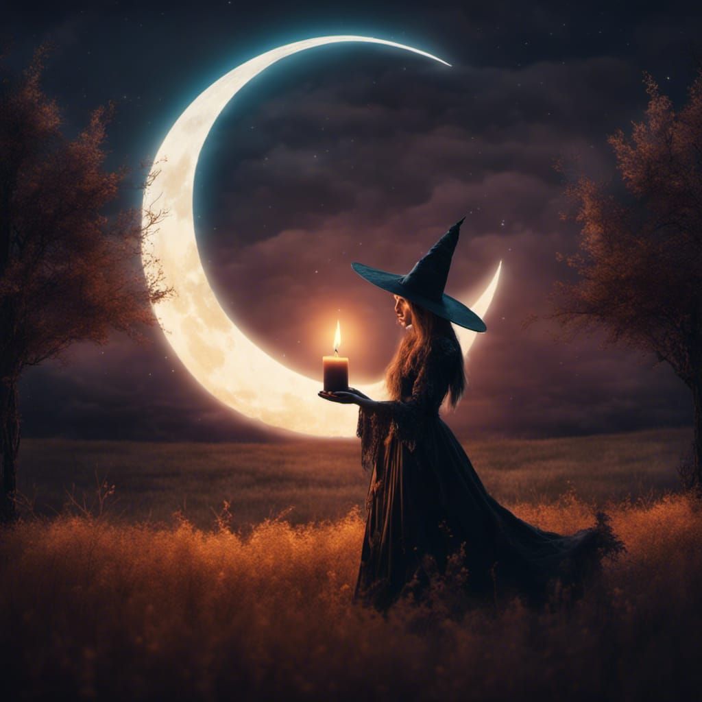 Witch's Candle Ritual Under Crescent Moon