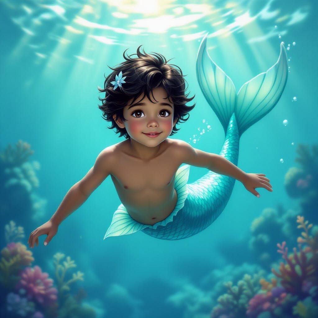Mermaid Boy in Dreamy Ocean Landscape