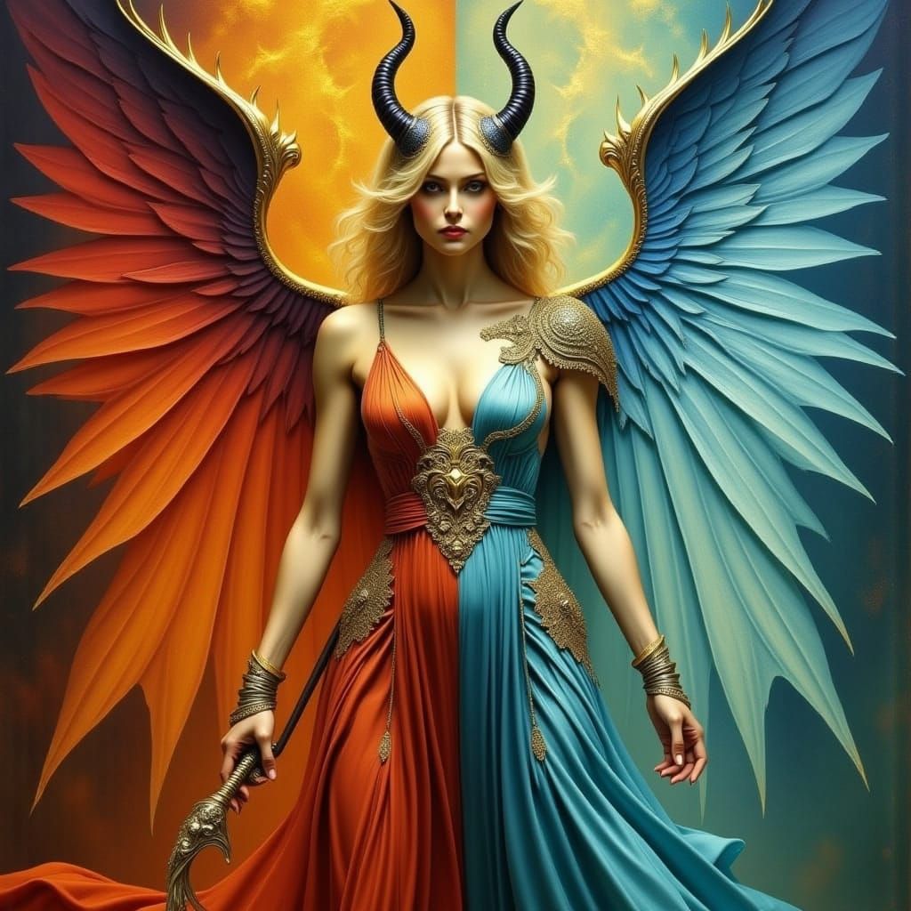Surreal Fantasy Portrait of Angel and Demon Coexistence