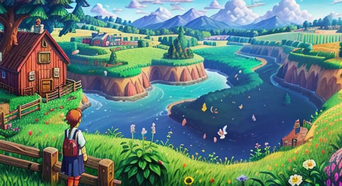Peaceful Stardew Valley Panorama in Ghibli Style