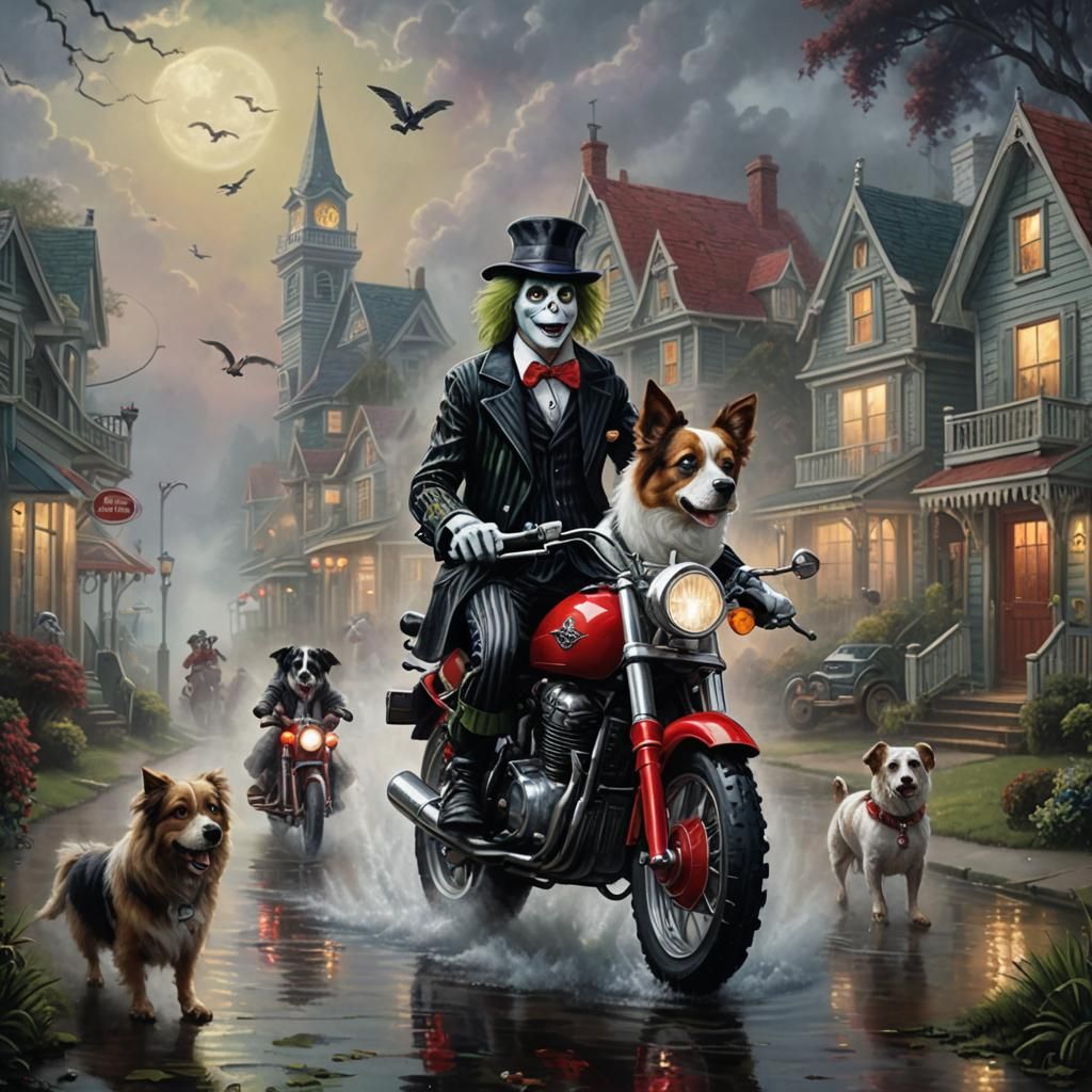 Gothic Dogs on Motorbikes Chase Ducks: Seaside Fantasy