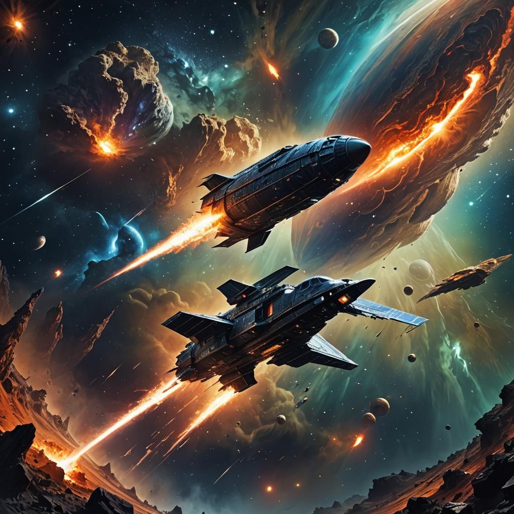 Sci-Fi Spacecraft Cruises Comet Tail Near Jupiter