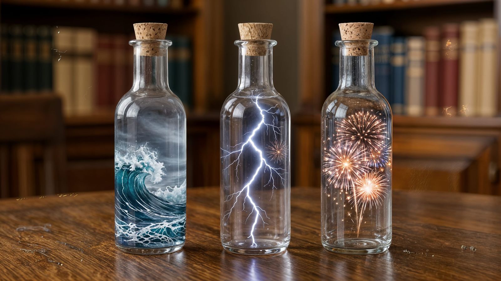 Impossible Bottles Containing Ocean, Lightning, and Firework...