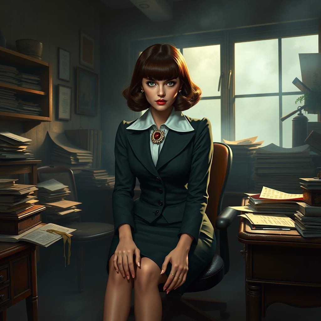 Noir Detective with Elegant Brown Hair and Vintage Attire