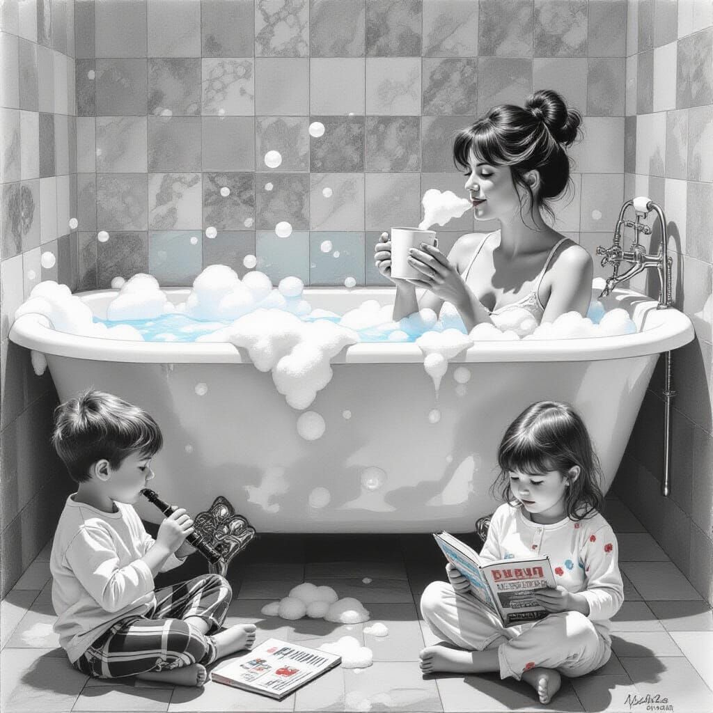 Mother's Bath Time Interrupted by Children