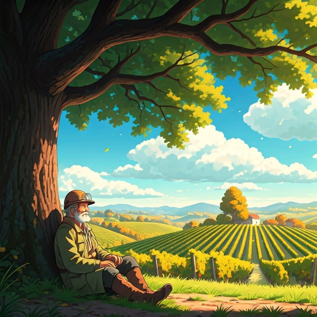 Geologist Resting in Vineyard, Anime Style