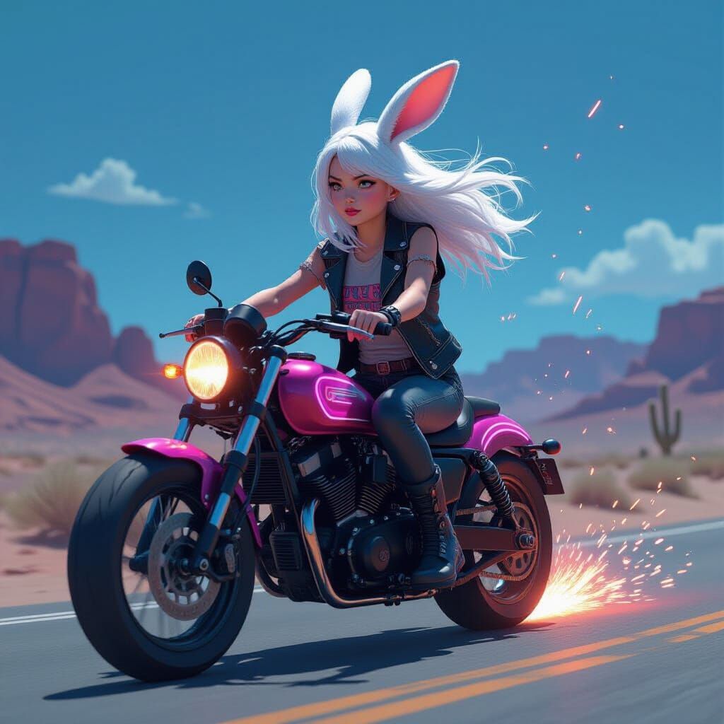 Rabbit Girl Rides Neon Motorcycle in Cyberpunk Style