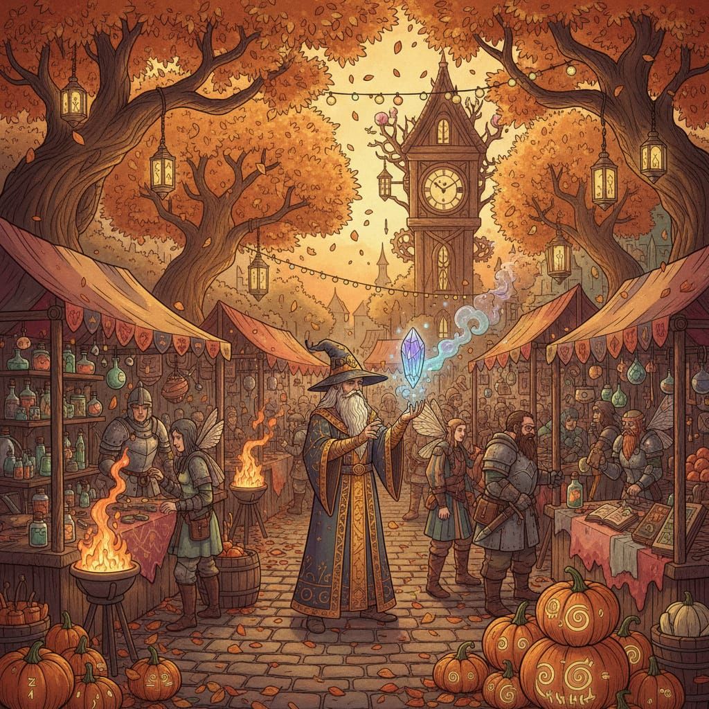 Fantasy Autumn Market Scene in Storybook Style