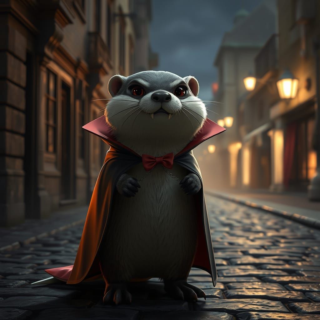 Otter Vampire on Cobblestone Street in Anime Style