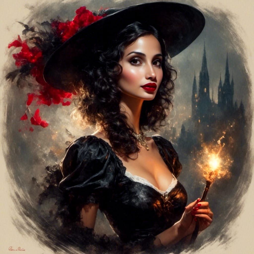 Noir Pixie Witch Rides Broom in Pinup Style