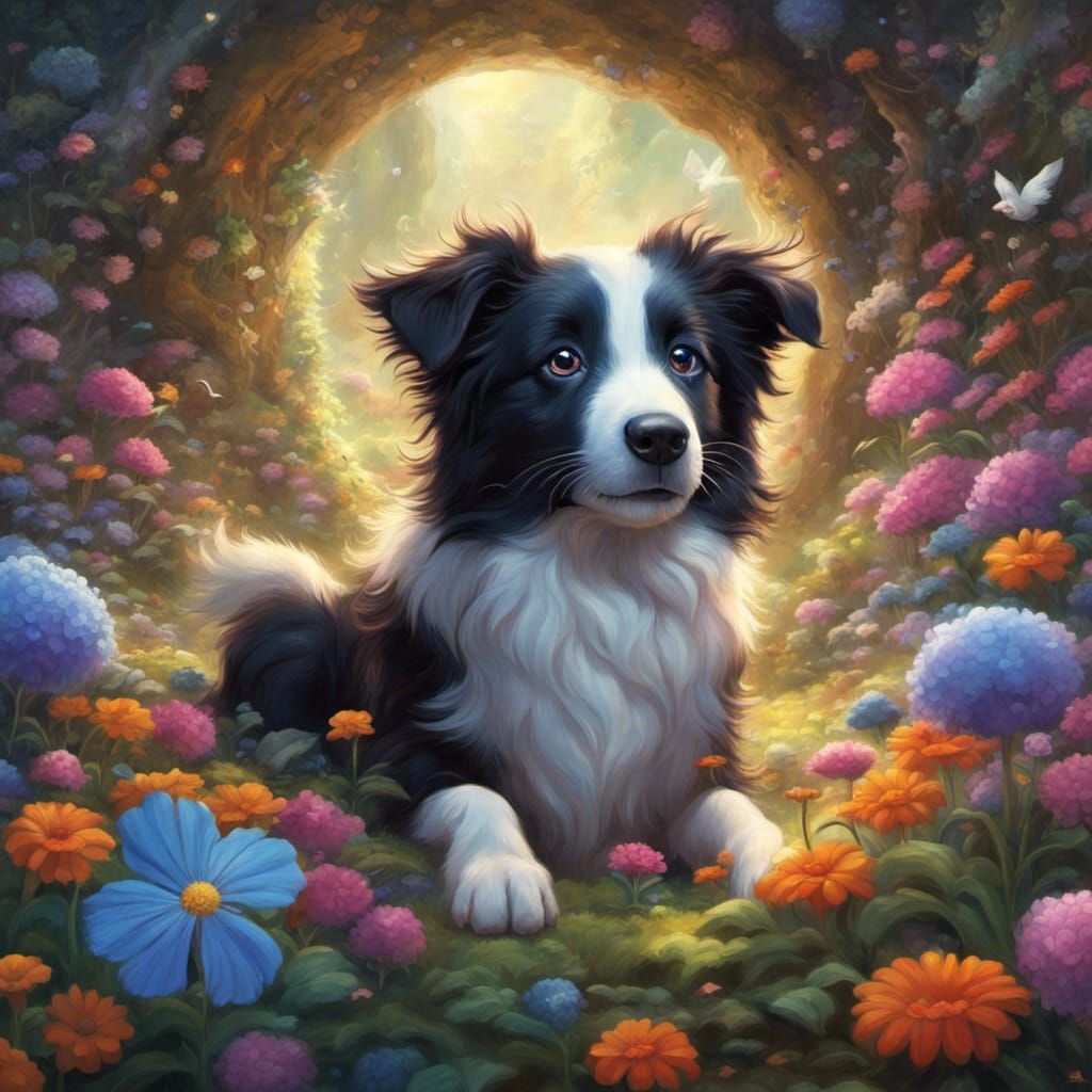 Cute Border Collie puppy in a fairy tale wonderland