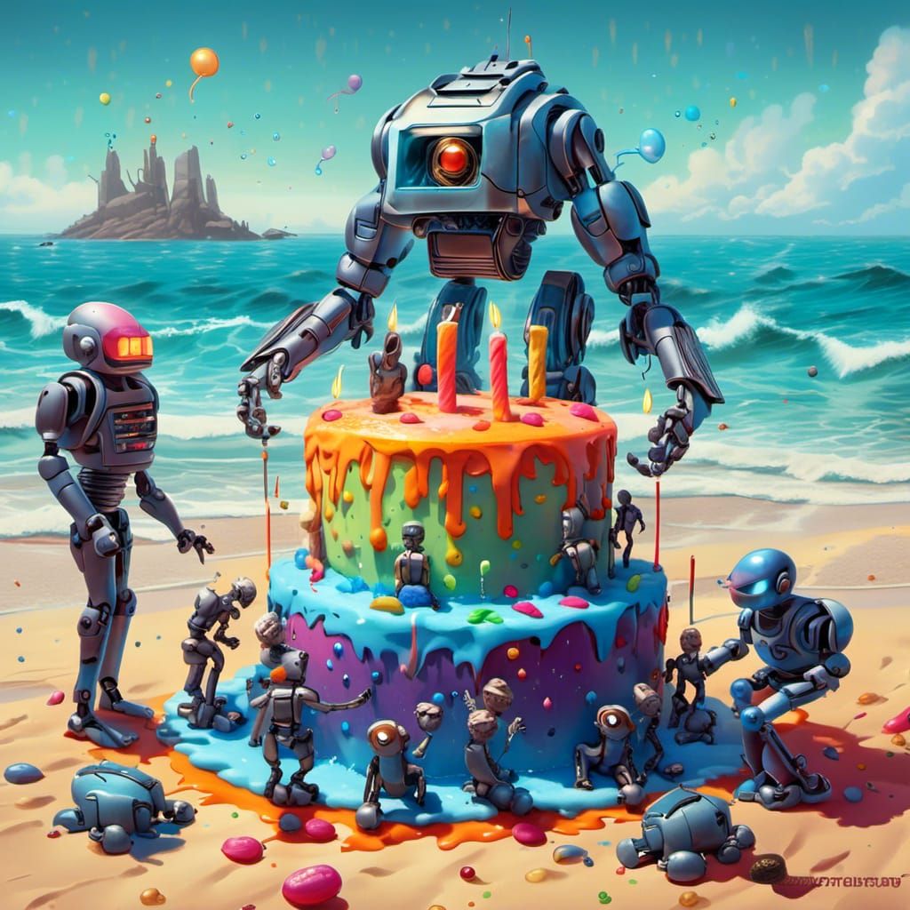 Futuristic Robot Birthday Celebration on Bioluminescent Beac...