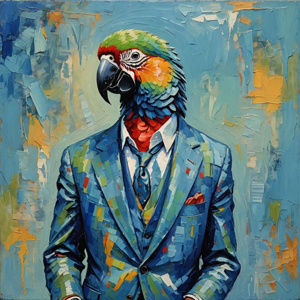 Parrot in Blue Suit: Expressionist Oil Painting