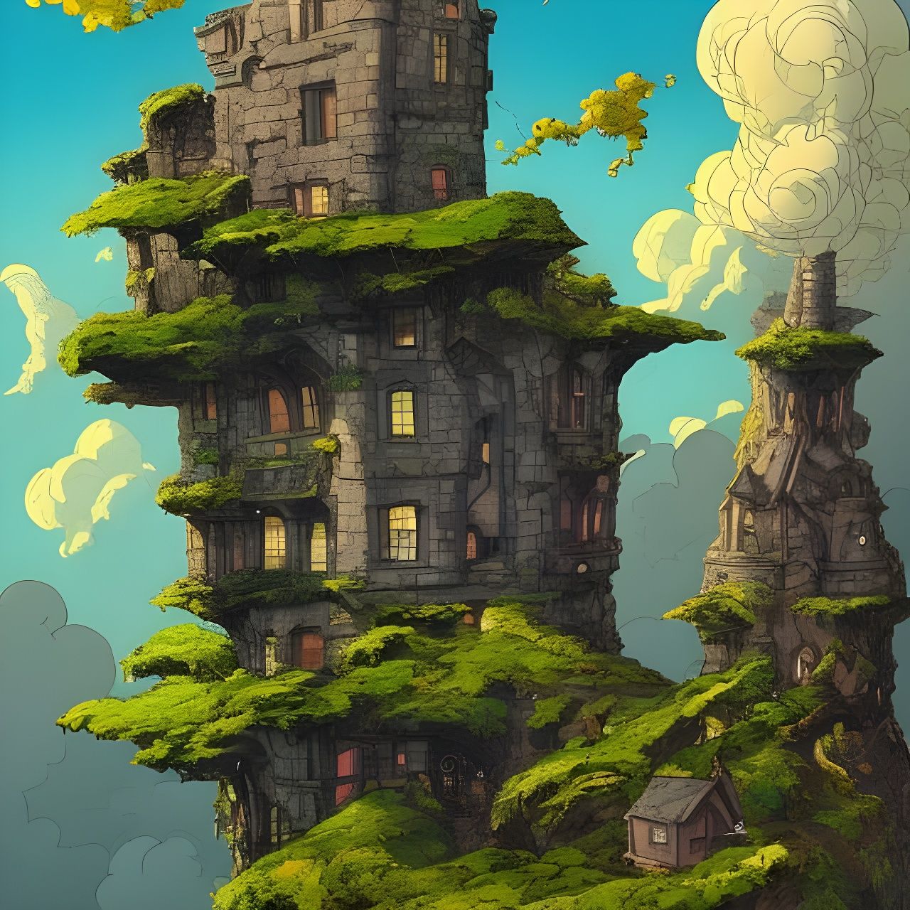 Detailed Stone Tower House Overlooking City