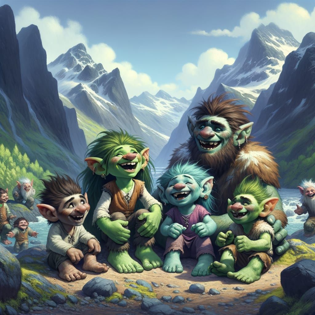 Cheerful Troll Family in Mountainous Landscape