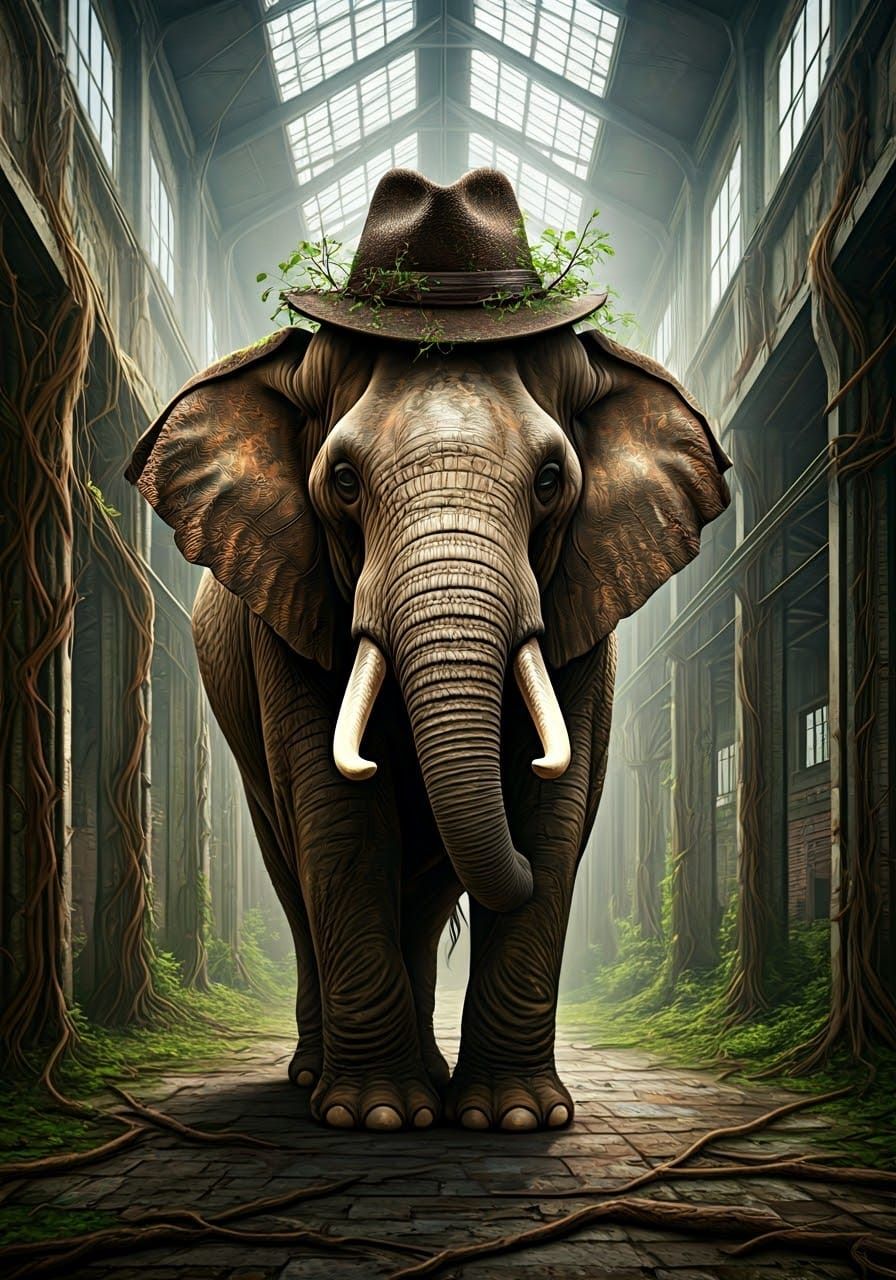 Elephant Made of Roots and Leaves in Industrial Setting