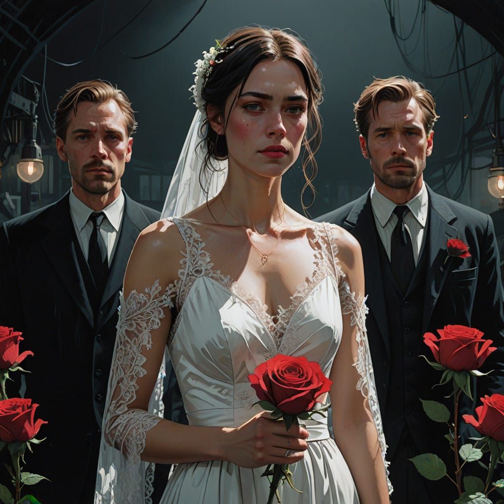 Woman Surrounded by Men with Red Roses on a Dark Background