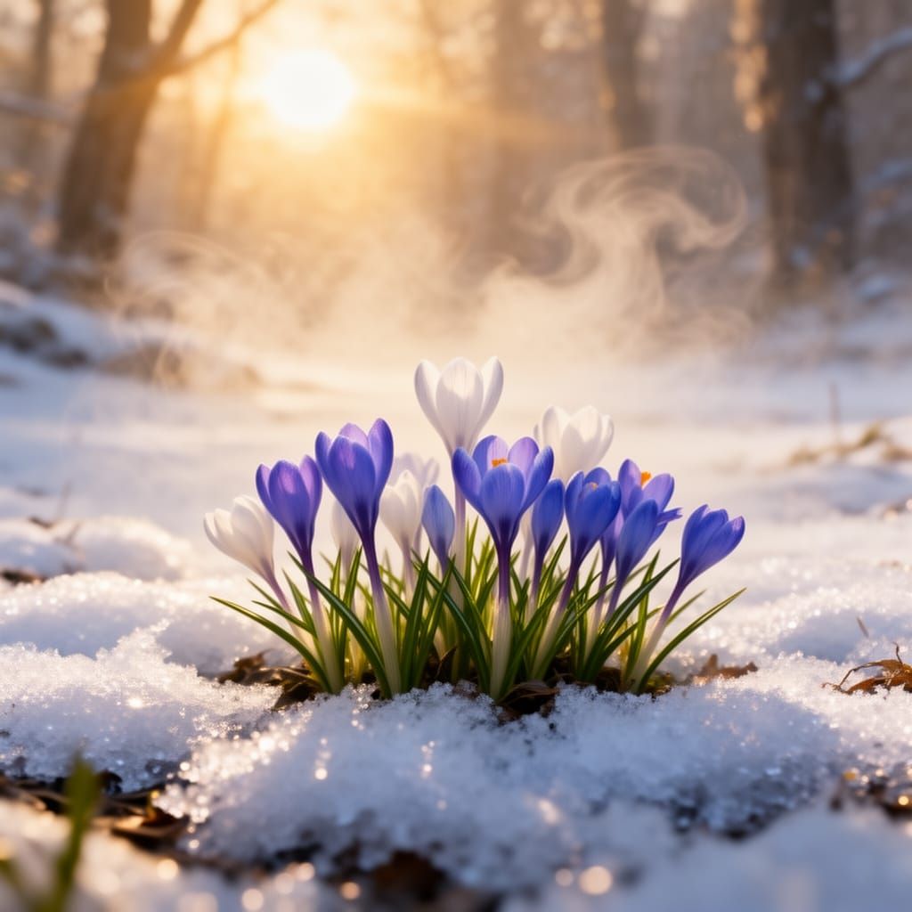 Blue Crocuses Emerge from Snow in Golden Hour Light