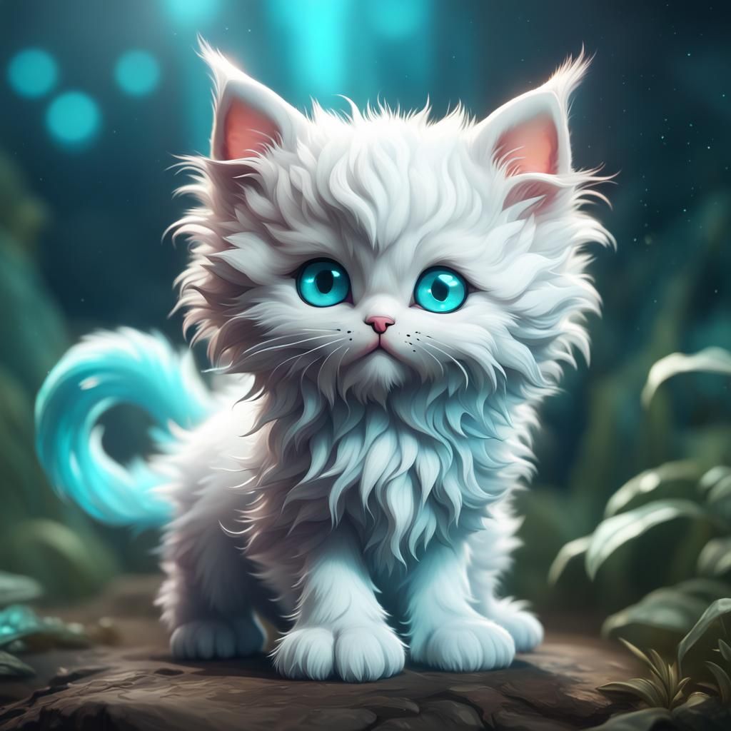Mystical Chibi Kitten with Aqua Eyes