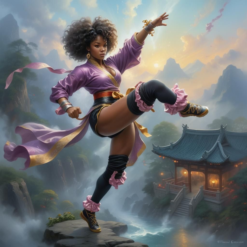 Woman Kung Fu Fighting in Ethereal Landscape