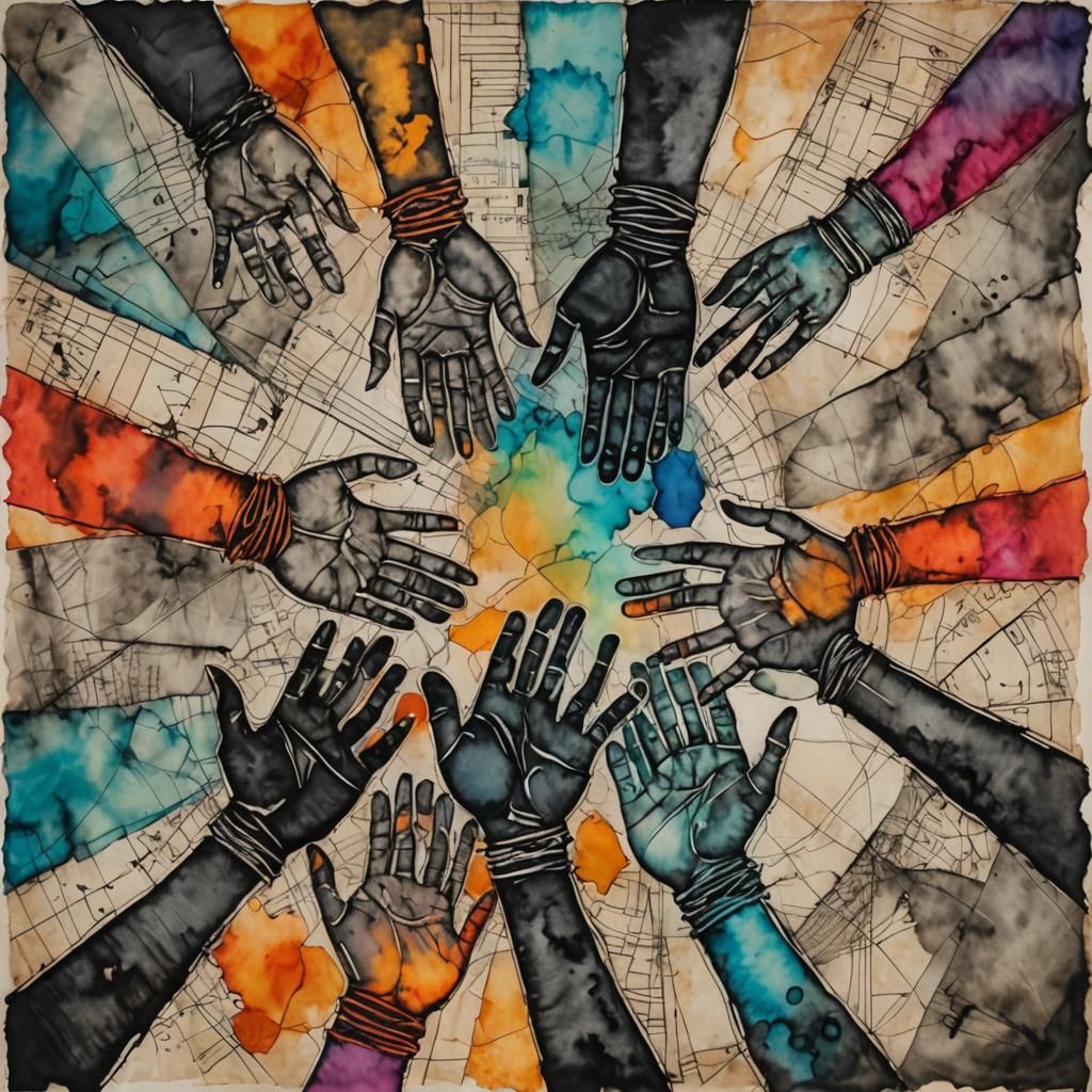 People Supporting Each Other in Detailed Abstract Art