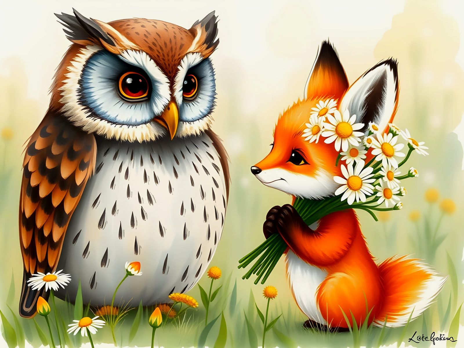 Fox Cub Offers Bouquet to Owl in Watercolor Style