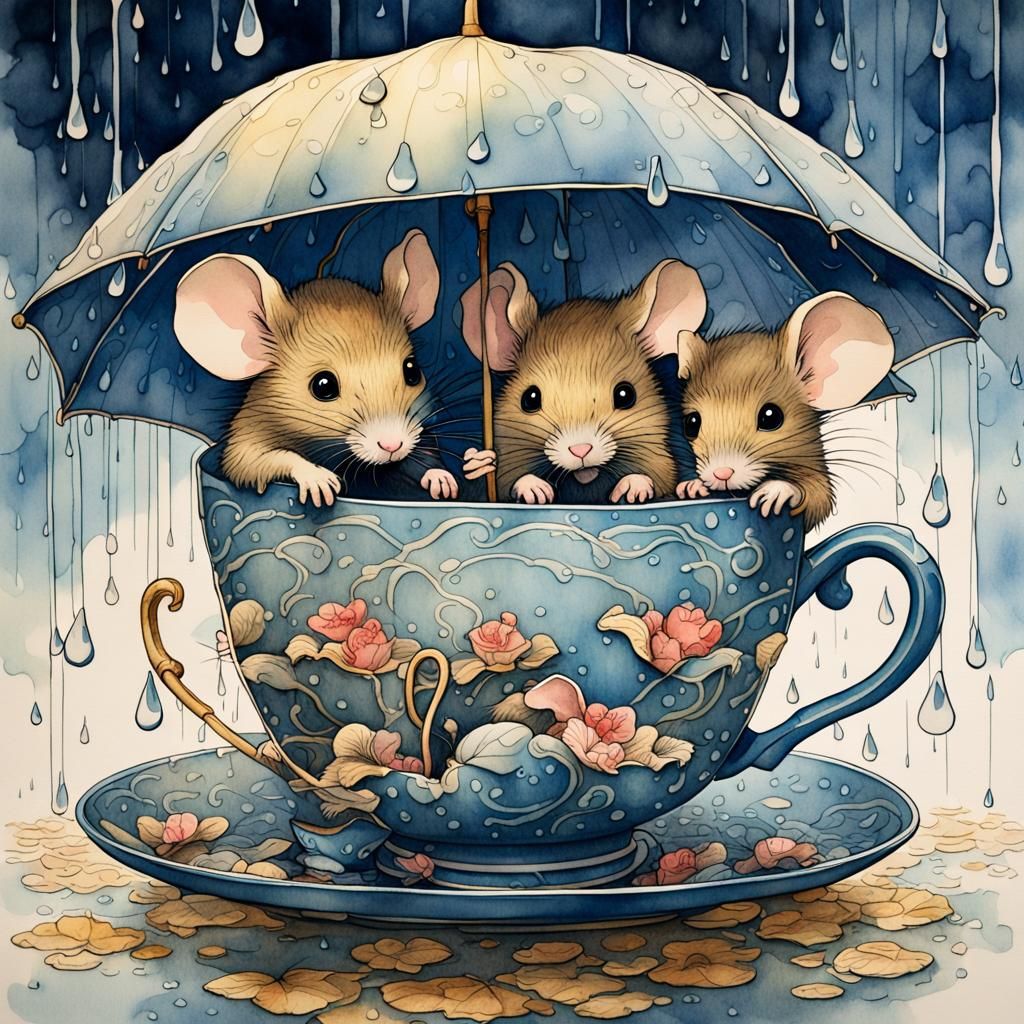 Mice in Teacup Under Leaf Umbrella, Japanese Art