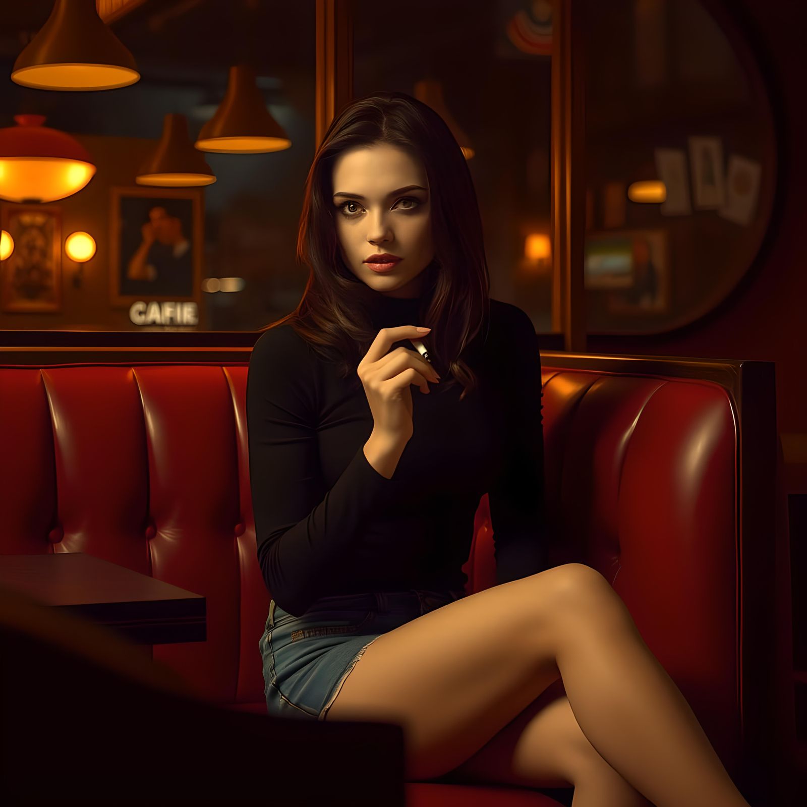 Brunette Woman Smoking in Restaurant Booth