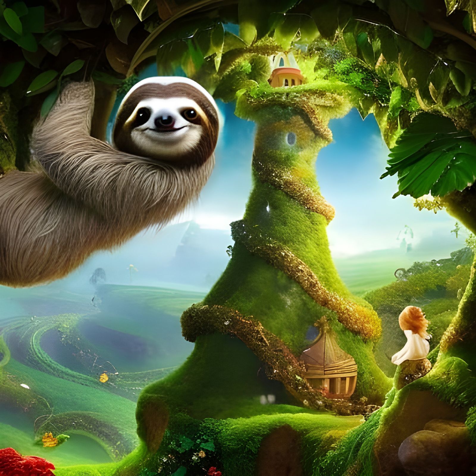 Storybook Sloth Hanging from a Tree in Fantasy Art