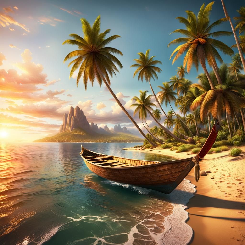 Tropical Beach Scene with Palm Trees in Golden Light