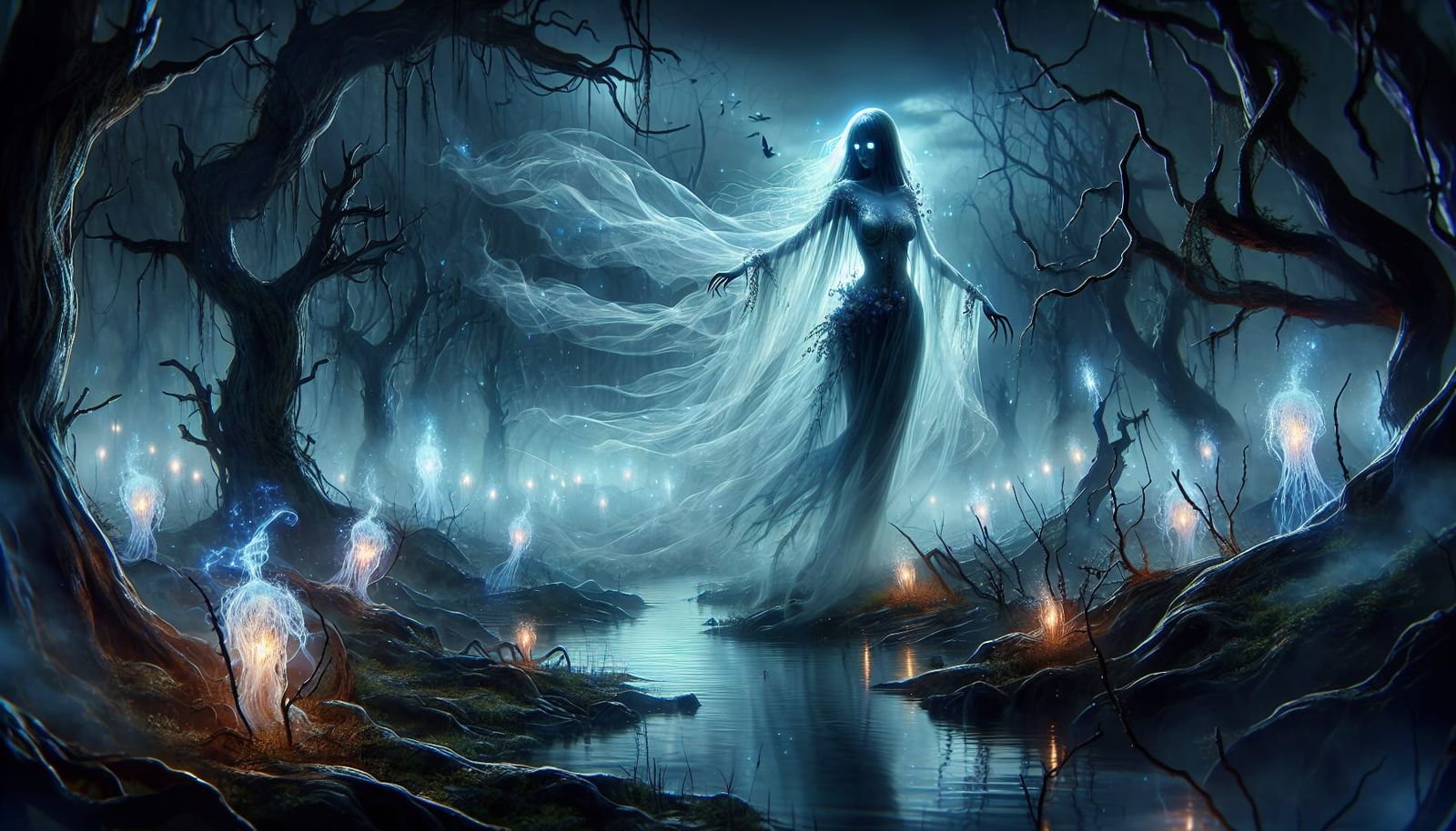 Haunted Swamp: Ethereal Woman and Will-o-Wisps