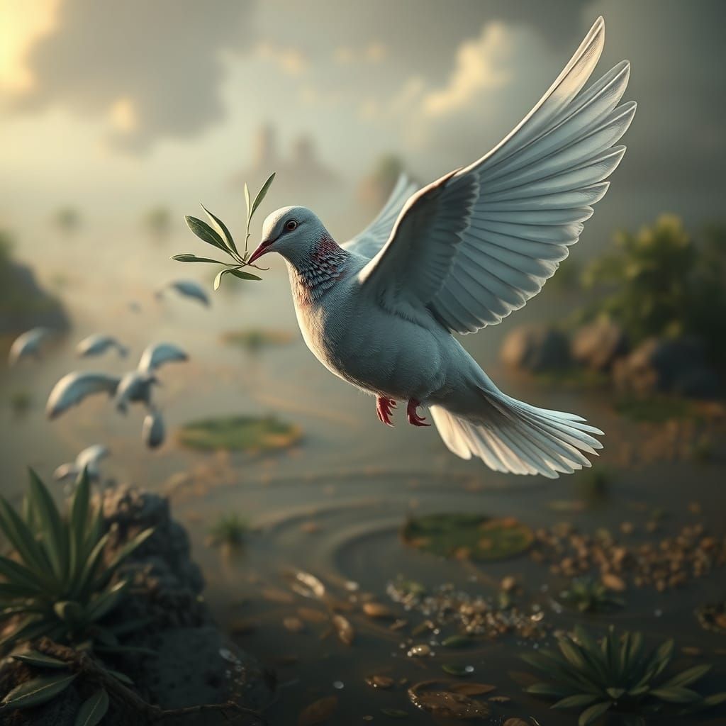 Dove Soars Over a Futuristic Flooded Metropolis in Vibrant C...