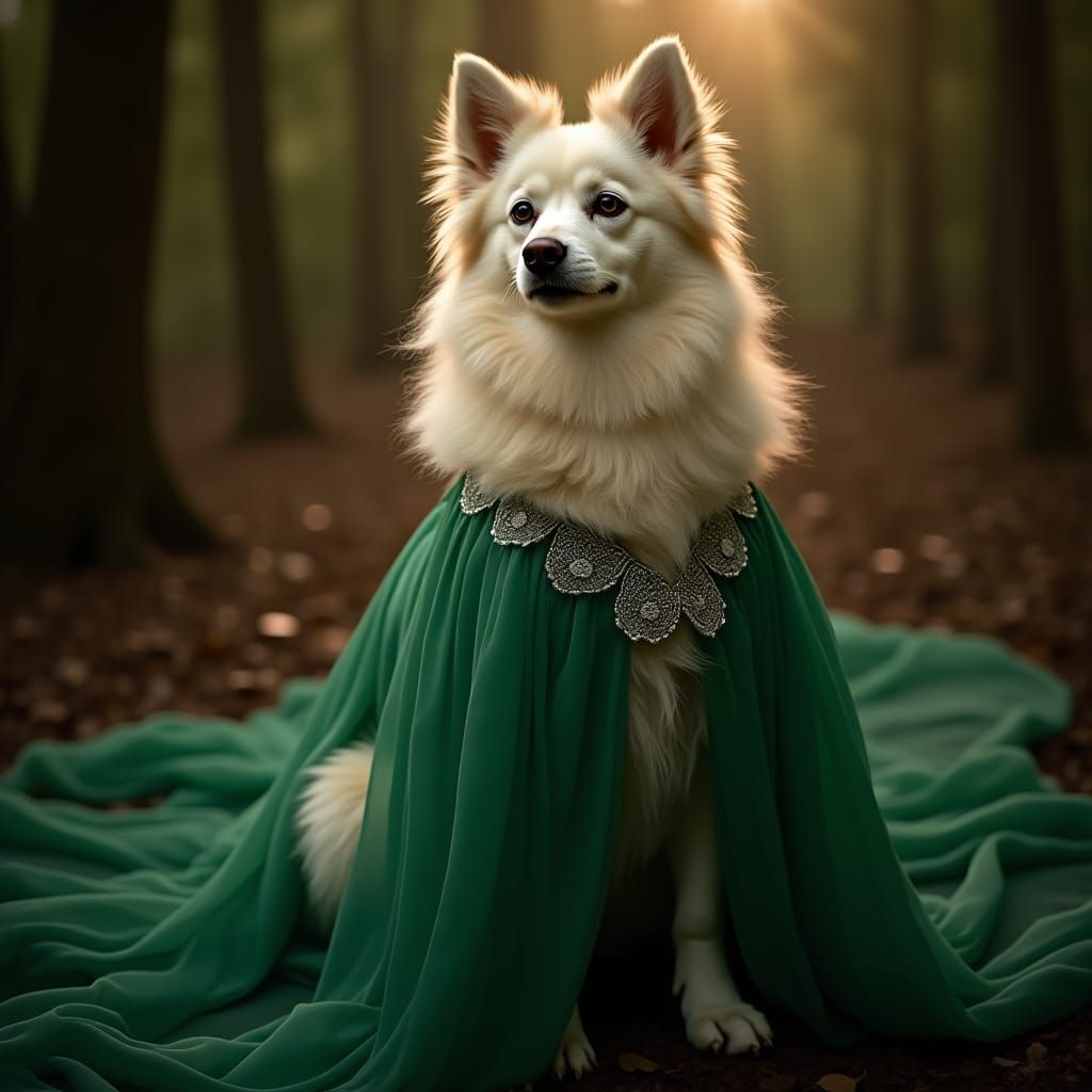 Dog in Emerald Gown: Renaissance High-Fashion Portrait