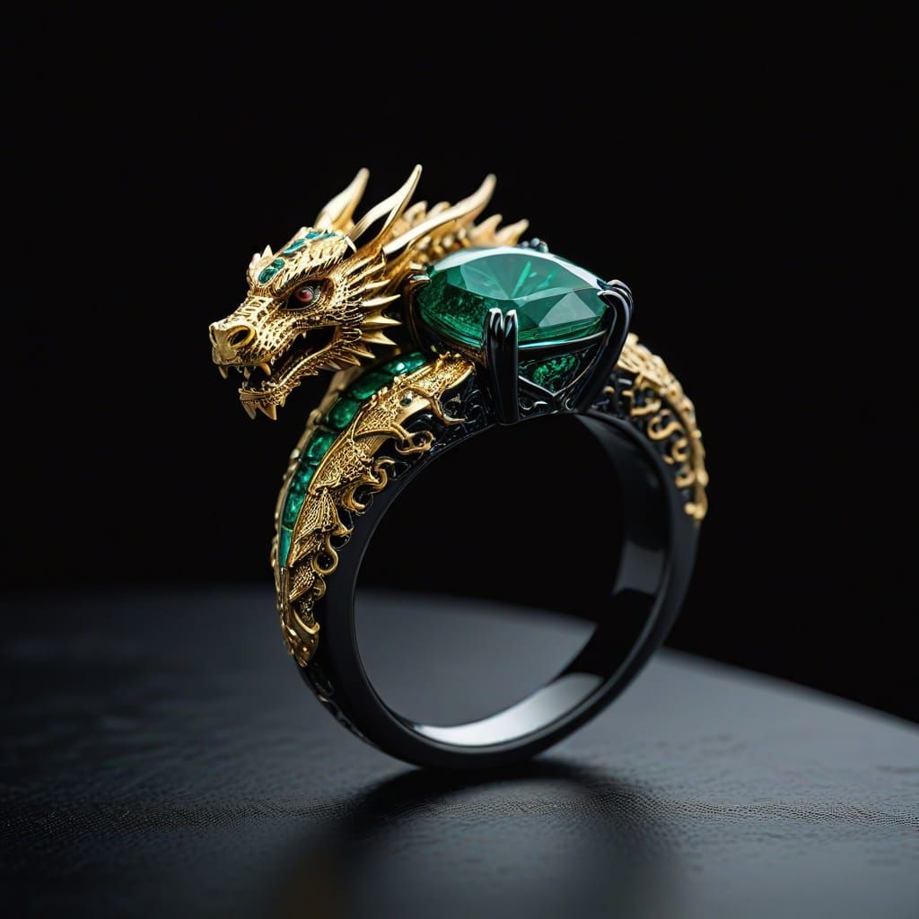 Elegant Emerald Ring with Dragon Carving in Black Tungsten