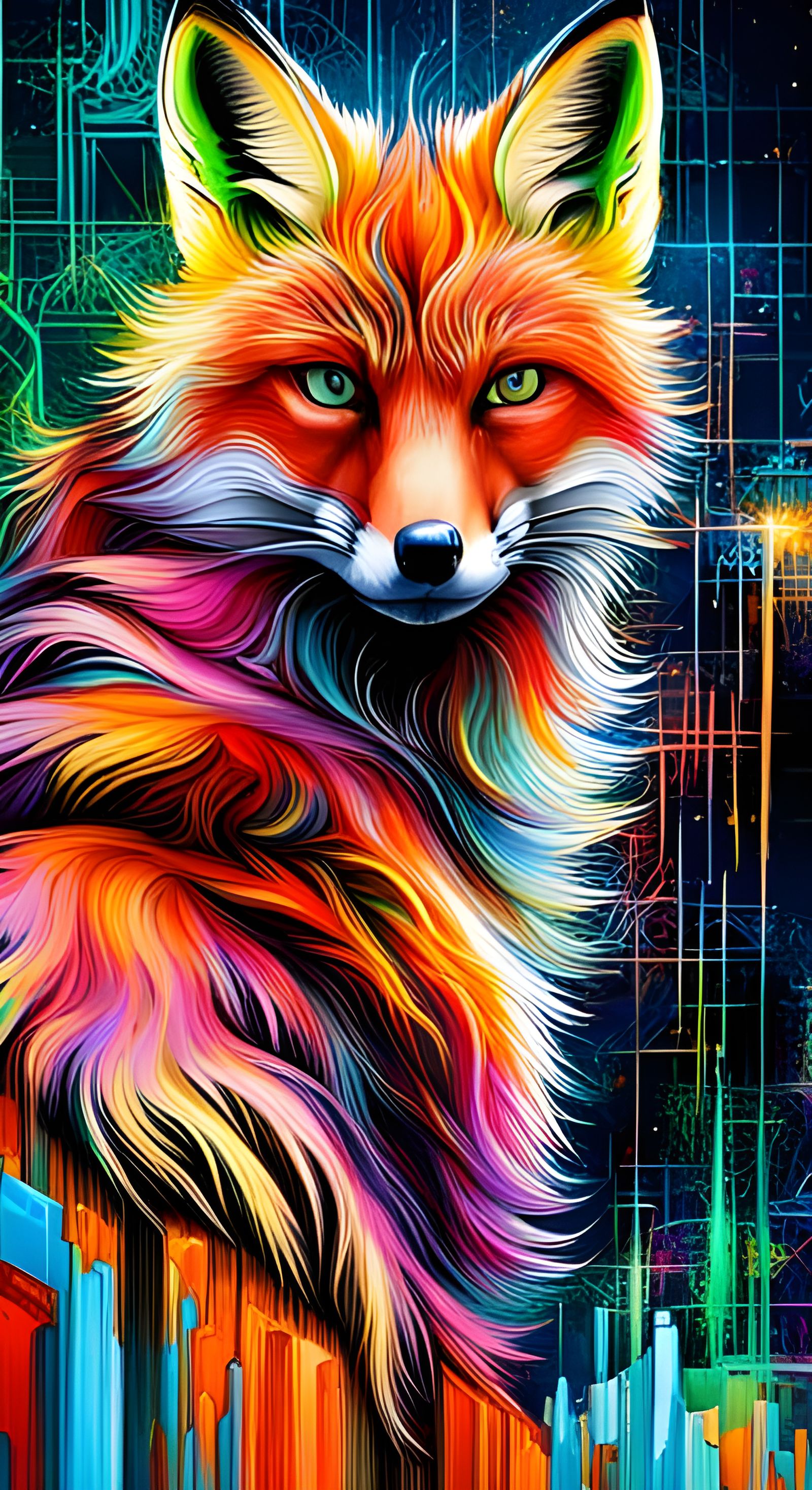 Glitch Fox Graffiti Art in Polychromatic Colors