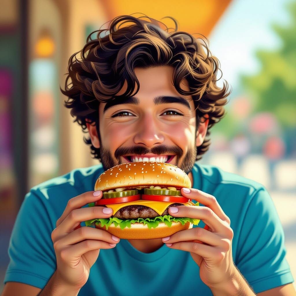 Joyful Cheeseburger Moment in Golden Hour Light