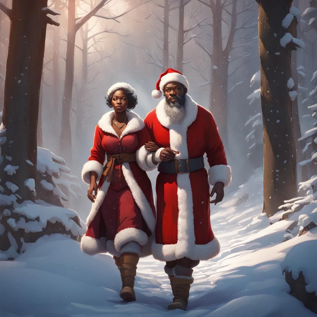 African Mr. and Mrs. Claus in Winter Woods