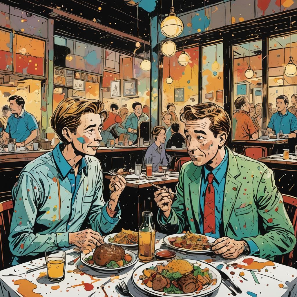 Friends at Lunch: Cartoon Strip Art in Ligne Claire Style