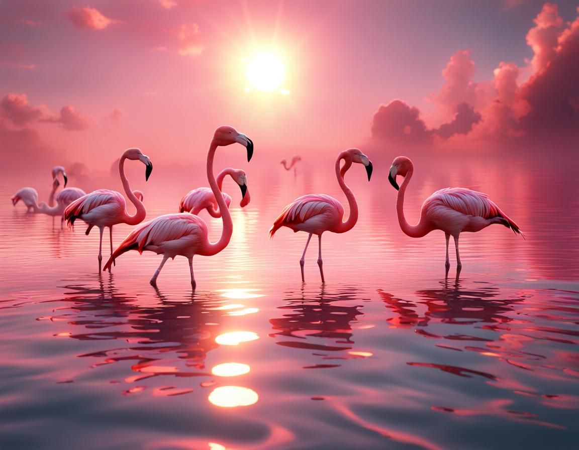Flamingos at Sunset: A 3D Rendered Scene